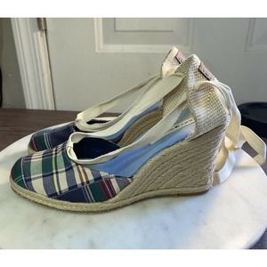 Tommy Hilfiger Madras Plaid Wedge Espadrilles Sandals Women's 7 Ankle Wrap plaid
